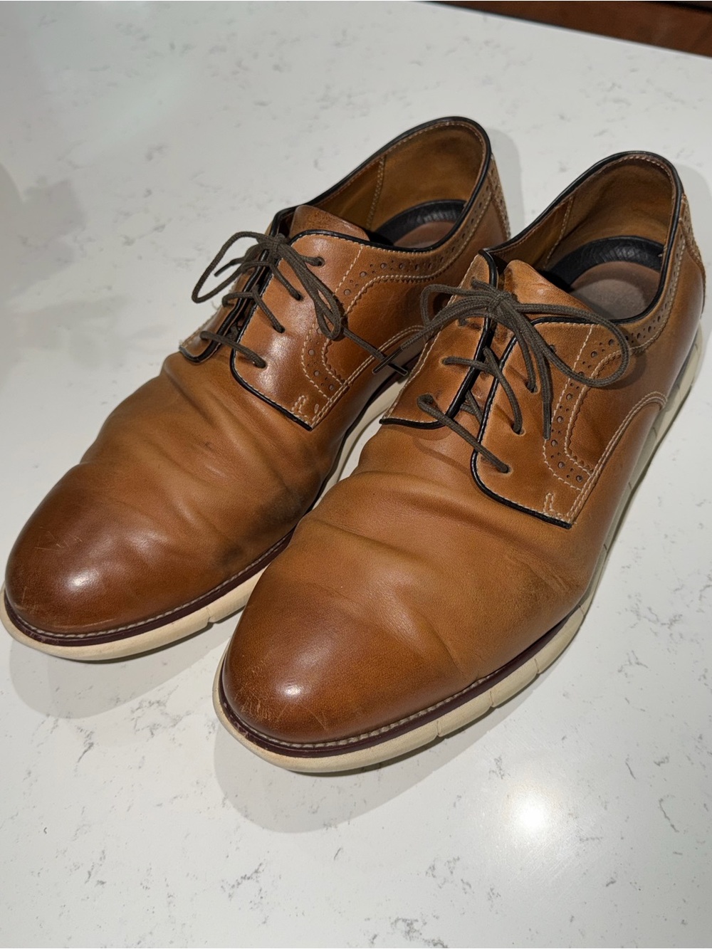 Johnston & Murphy Tan Leather Derby Shoes with Cream Soles - Sz 11